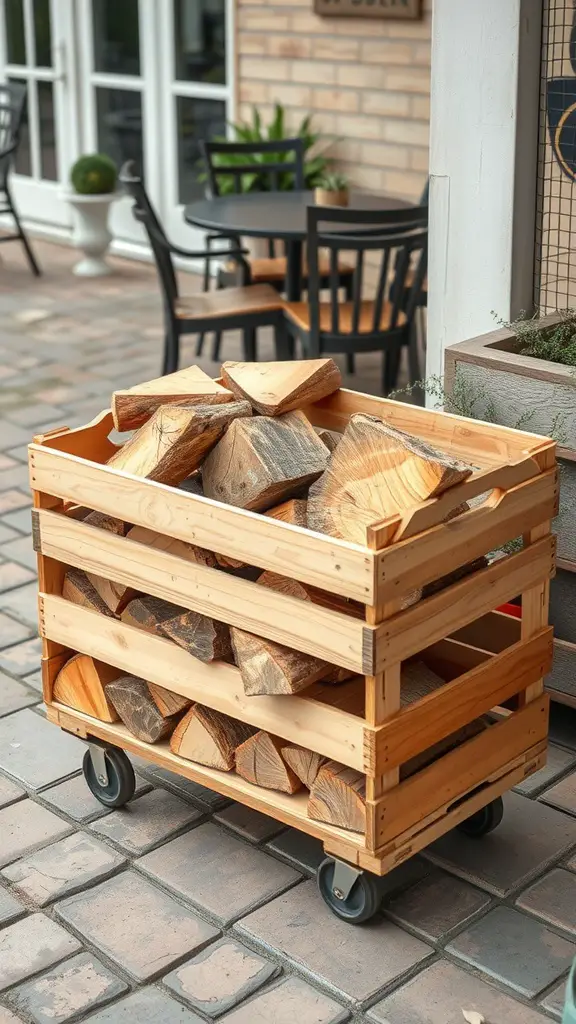 19 Creative Outdoor Firewood Storage Ideas You'll Love 9 Wooden firewood crate on wheels filled with logs