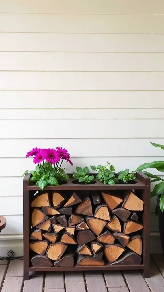 19 Creative Outdoor Firewood Storage Ideas You'll Love 4 Wooden firewood shelf with colorful flowers on top