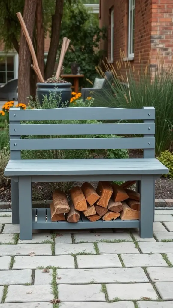 19 Creative Outdoor Firewood Storage Ideas You'll Love 2 A gray firewood storage bench with logs underneath, placed on a stone patio surrounded by greenery.