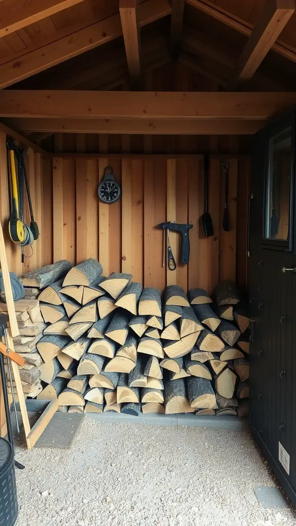 19 Creative Outdoor Firewood Storage Ideas You'll Love 11 Interior of a wooden shed with neatly stacked firewood and tools hanging on the walls.
