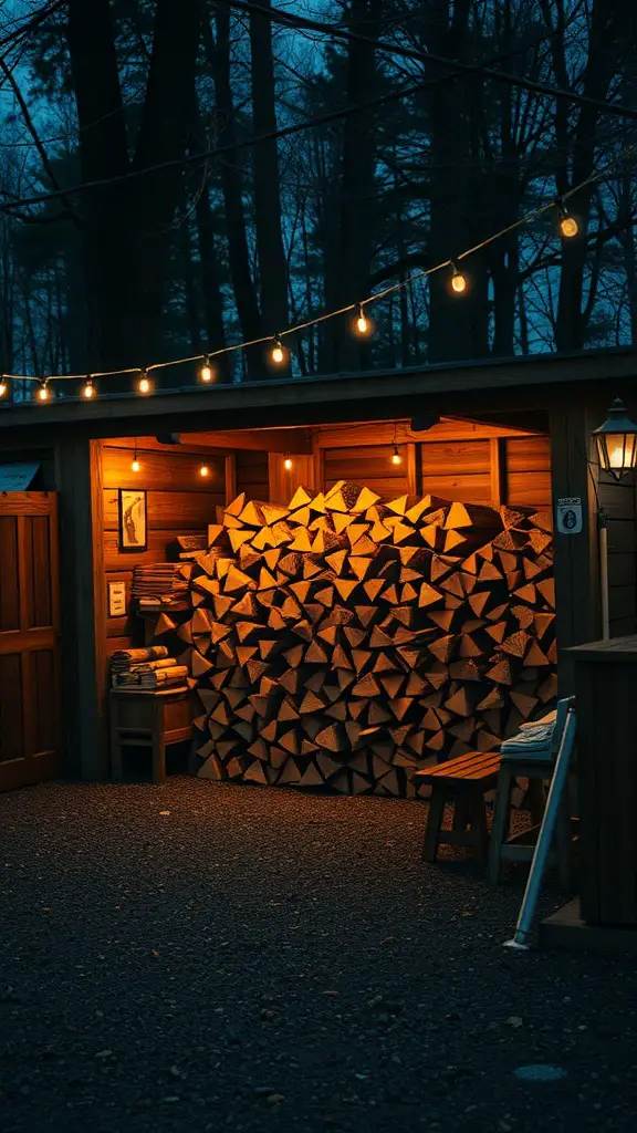 19 Creative Outdoor Firewood Storage Ideas You'll Love 17 A cozy firewood storage area with warm outdoor lighting, showcasing neatly stacked logs.