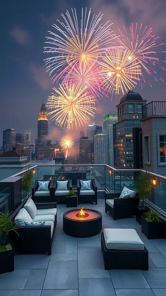 27 Stunning Rooftop Patio Designs for Your Outdoor Oasis 14 A rooftop patio with seating and a fire pit, overlooking a city skyline with fireworks in the sky.