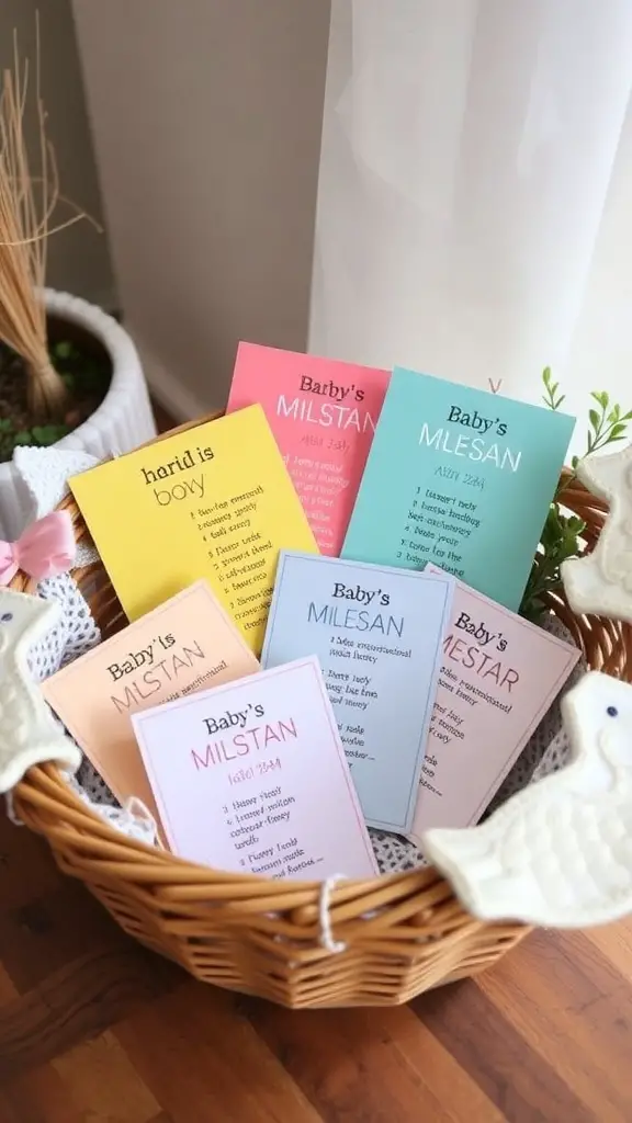 21 Thoughtful Baby Shower Basket Gift Ideas 5 A basket filled with colorful first-year milestone cards for babies.