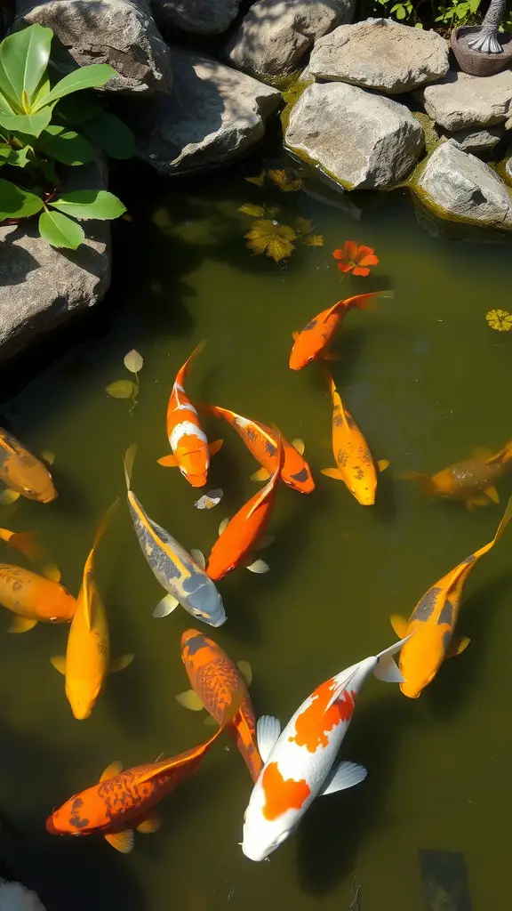 21 Stunning Pond Landscaping Ideas to Transform Your Backyard 7 A vibrant pond filled with colorful koi fish surrounded by rocks and water lilies.
