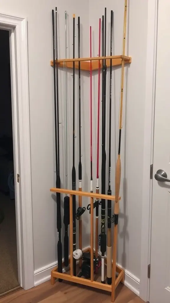 29+ Creative Fishing Rod Storage Ideas for Every Angler 5 A compact fishing rod rack holding multiple fishing rods in a corner.