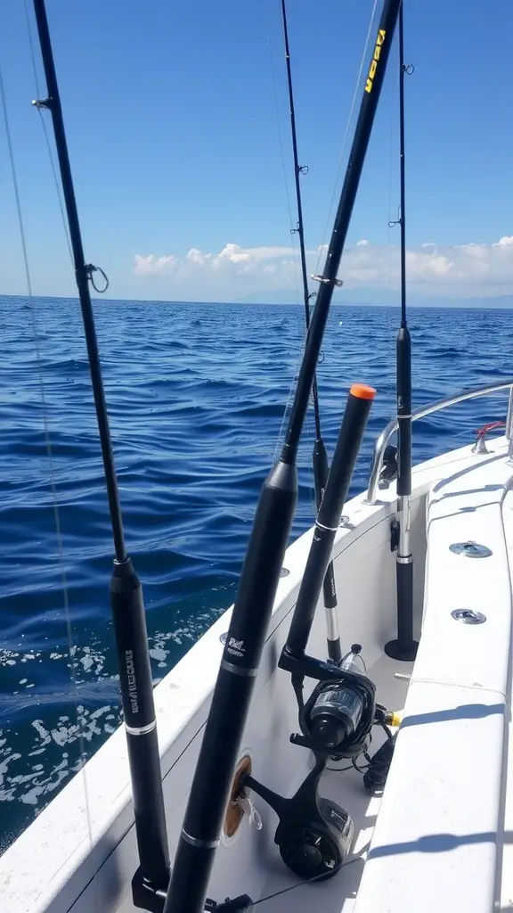29+ Creative Fishing Rod Storage Ideas for Every Angler 10 Fishing rods stored securely on a boat with a clear blue ocean in the background