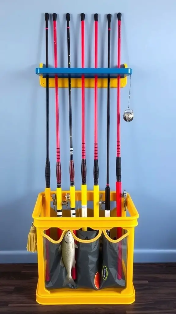 29+ Creative Fishing Rod Storage Ideas for Every Angler 12 Colorful fishing rod storage for kids with rods on a wall rack and a yellow container below.