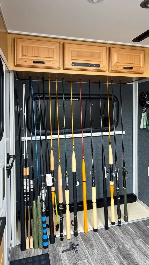 29+ Creative Fishing Rod Storage Ideas for Every Angler 13 Organized fishing rod storage in an RV with rods mounted on the wall and cabinets above.