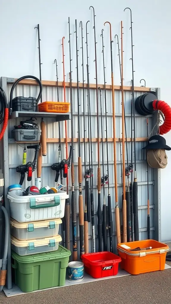 29+ Creative Fishing Rod Storage Ideas for Every Angler 16 A well-organized fishing rod storage setup with various rods hung on a wall and colorful bins for tackle.