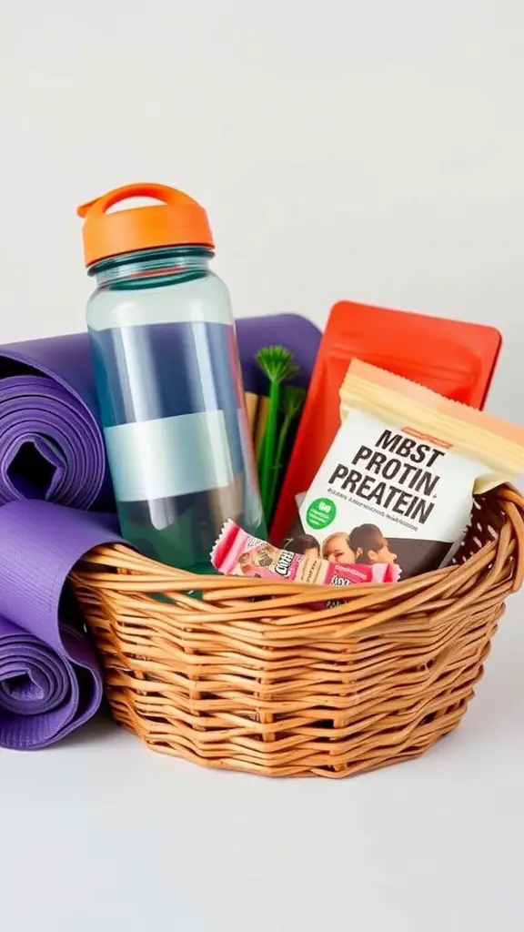 21 Creative Auction Basket Ideas You’ll Love 11 A fitness and wellness basket containing a water bottle, yoga mat, protein snacks, and more.