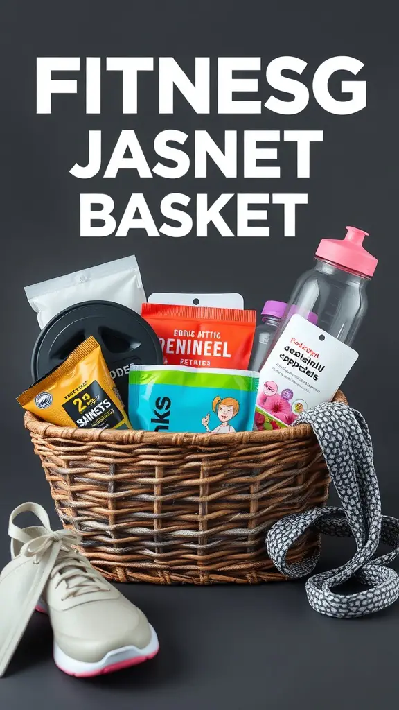 19 Creative Raffle Basket Ideas You’ll Love 11 A fitness and wellness kit in a woven basket, featuring a water bottle, healthy snacks, and workout gear.
