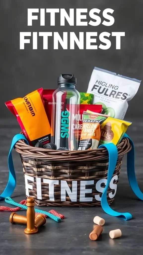 15 Creative Dollar Tree Gift Basket Ideas for Any Occasion 13 A fitness-themed gift basket filled with a water bottle, healthy snacks, resistance bands, and weights, all arranged with colorful ribbons.