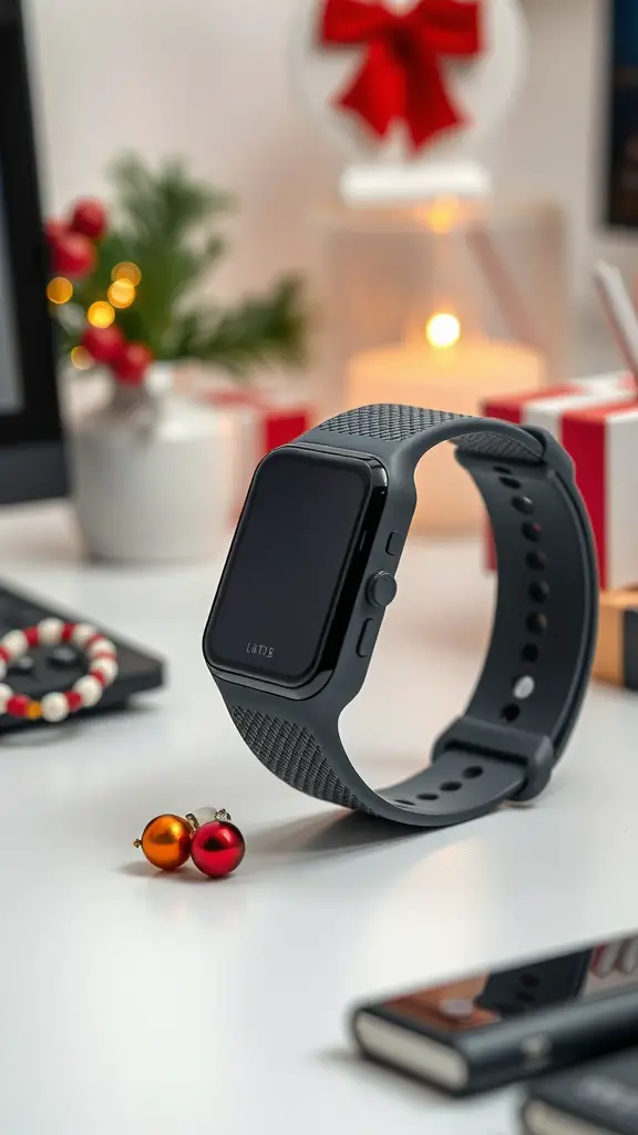 A black fitness tracker watch on a festive table with holiday decorations.