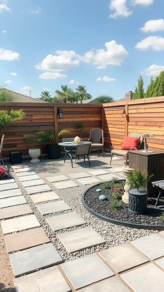 23 Stunning Flagstone Patio Ideas for Your Outdoor Space 9 A patio featuring a combination of flagstone and gravel, with seating and plants.