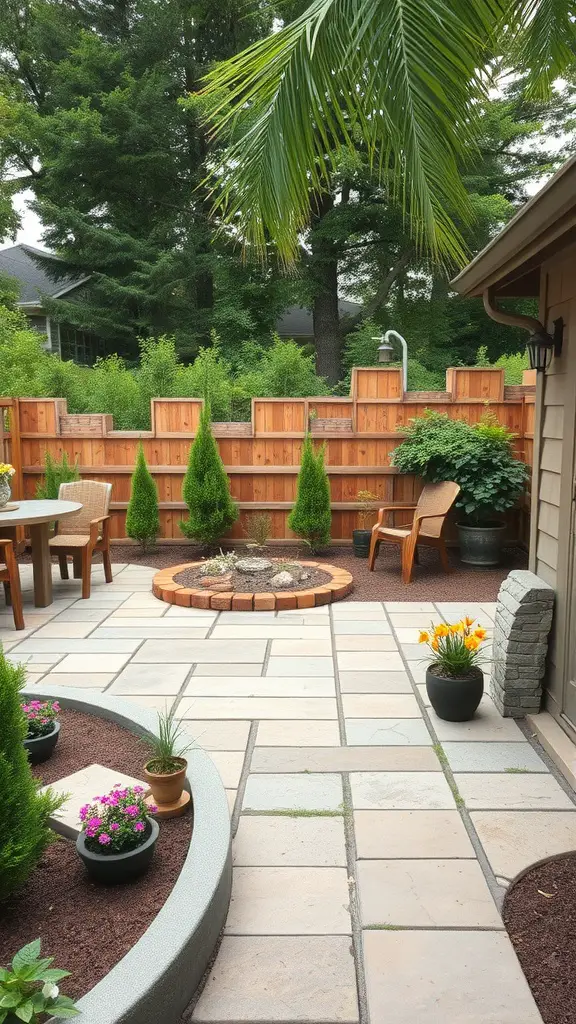 23 Stunning Flagstone Patio Ideas for Your Outdoor Space 11 A flagstone patio blended with wooden elements, featuring potted plants and a cozy seating area.