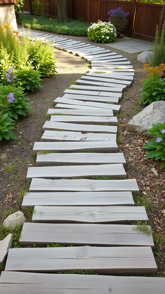 A winding wooden path through a garden with flowers and greenery.