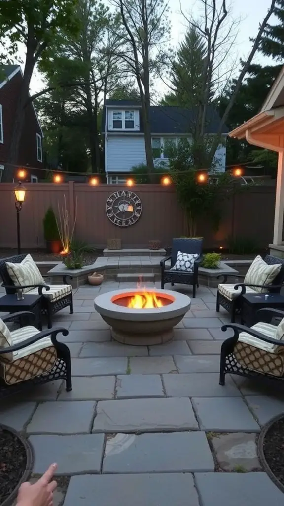 23 Stunning Flagstone Patio Ideas for Your Outdoor Space 4 Cozy flagstone fire pit area with seating and string lights