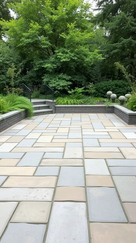 27 Affordable Patio Floor Ideas That Transform Your Outdoor Space 12 A flagstone patio surrounded by lush greenery, showcasing a mix of light and dark stones.