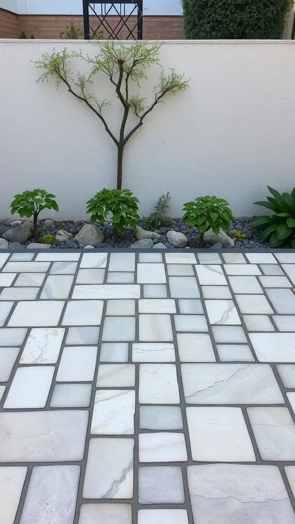 23 Stunning Flagstone Patio Ideas for Your Outdoor Space 14 A flagstone patio with a mosaic pattern, featuring light-colored stones arranged in various shapes, surrounded by plants and a wall.