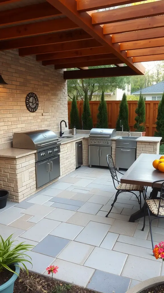 23 Stunning Flagstone Patio Ideas for Your Outdoor Space 12 An outdoor kitchen with flagstone patio, featuring a grill, sink, and dining area under a wooden pergola.