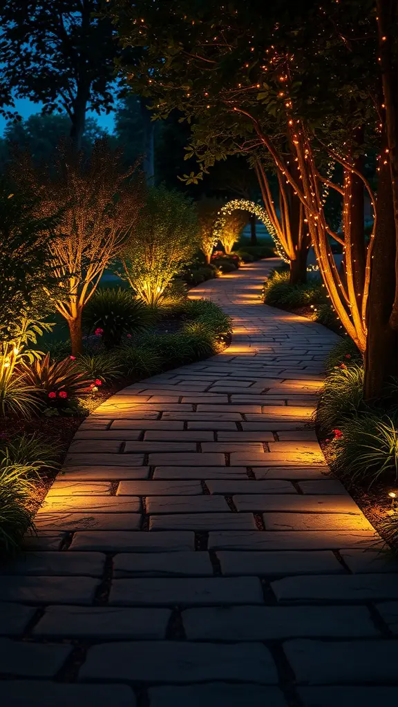 A beautifully lit flagstone path surrounded by greenery and ambient lighting.