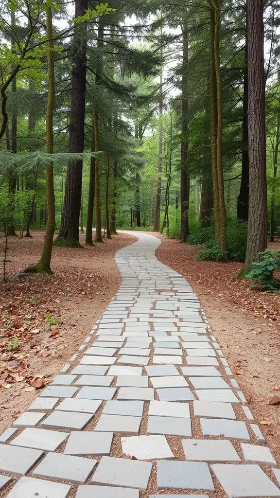 A winding flagstone pathway through a lush woodland, surrounded by tall trees and earthy ground.