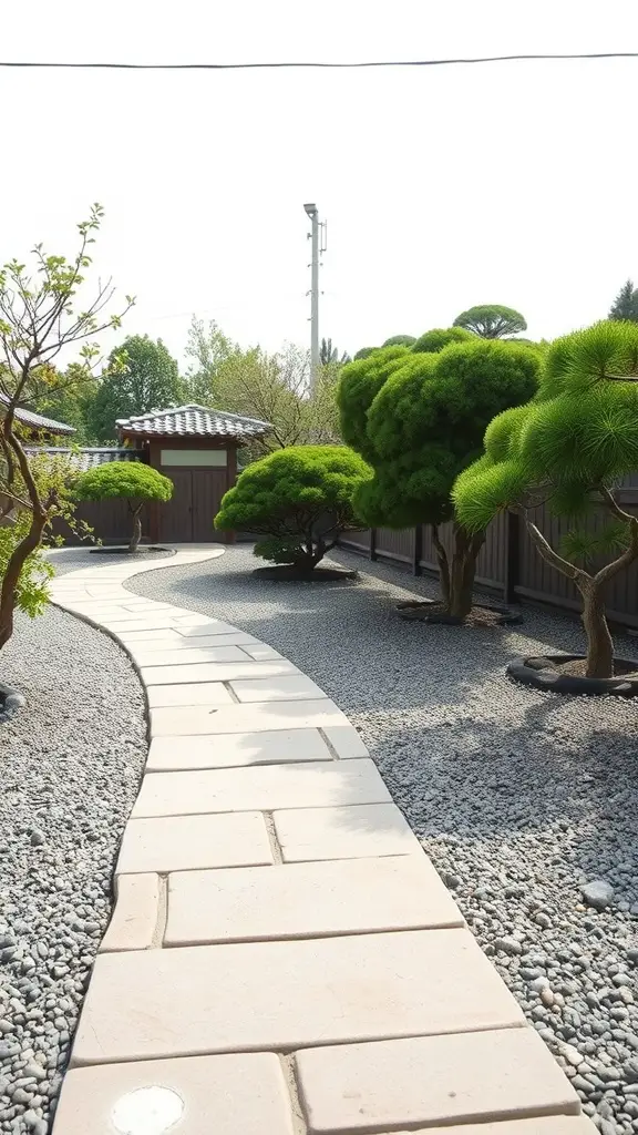 Curved flagstone pathway through a Zen garden with green trees and gravel.