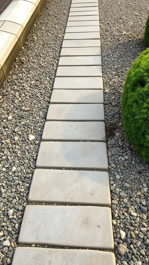 A straight flagstone pathway surrounded by decorative gravel and green bushes.