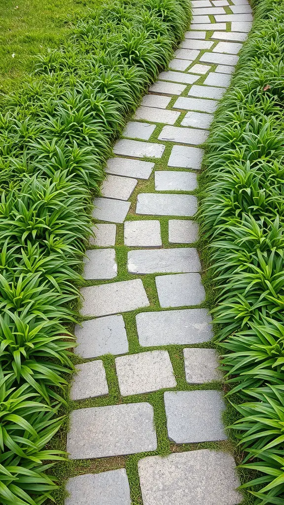 A winding flagstone pathway flanked by lush green ground cover plants.