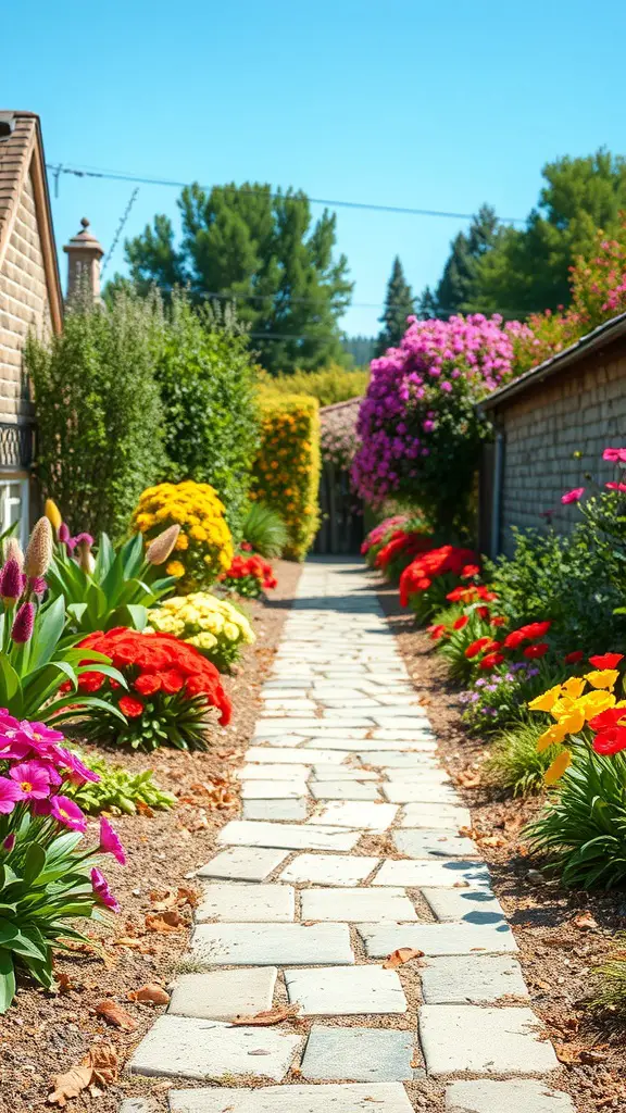 Flagstone pathway surrounded by colorful seasonal flowers.