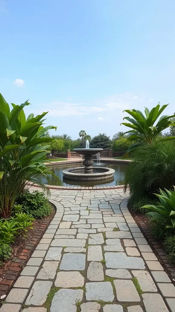 Flagstone pathway leading to a water feature surrounded by greenery