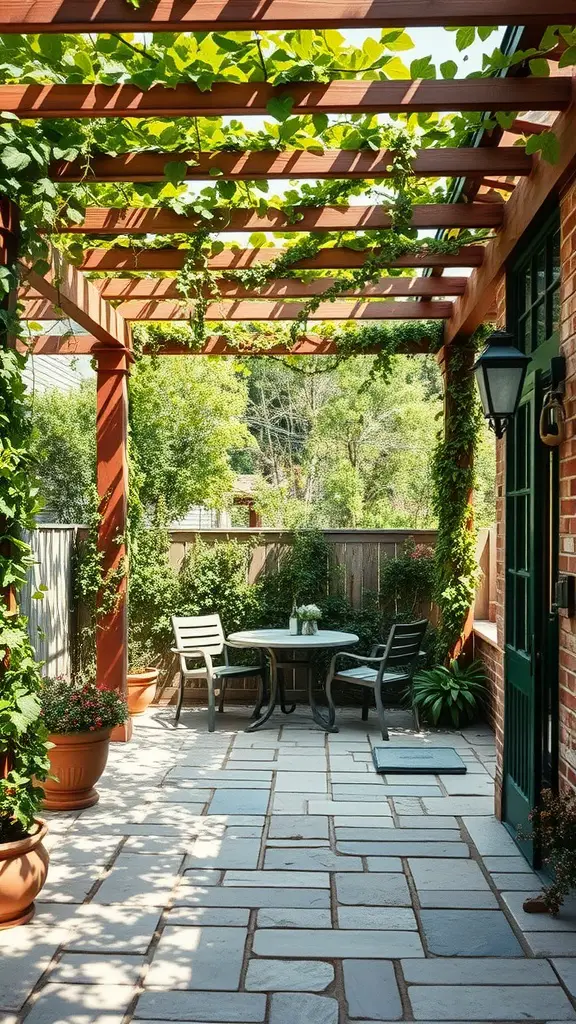 23 Stunning Flagstone Patio Ideas for Your Outdoor Space 16 A flagstone patio with a wooden pergola covered in green vines, featuring a small table and chairs surrounded by potted plants.
