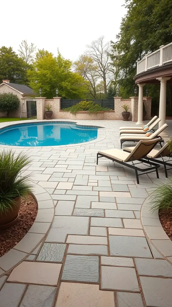 23 Stunning Flagstone Patio Ideas for Your Outdoor Space 17 Flagstone patio surrounding a pool with lounge chairs and greenery.