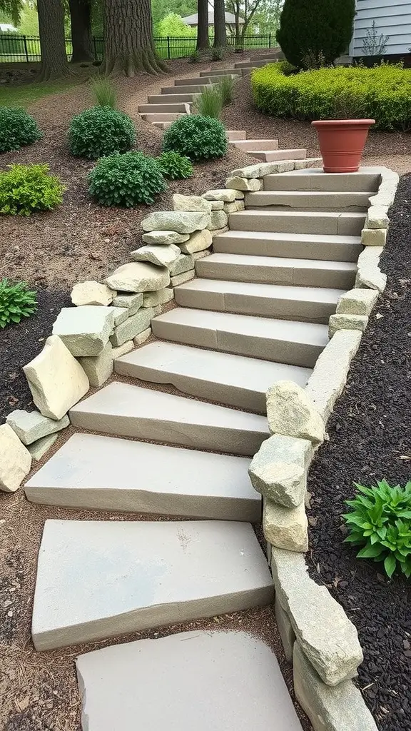 Flagstone steps leading up a sloped yard, surrounded by greenery and rocks.