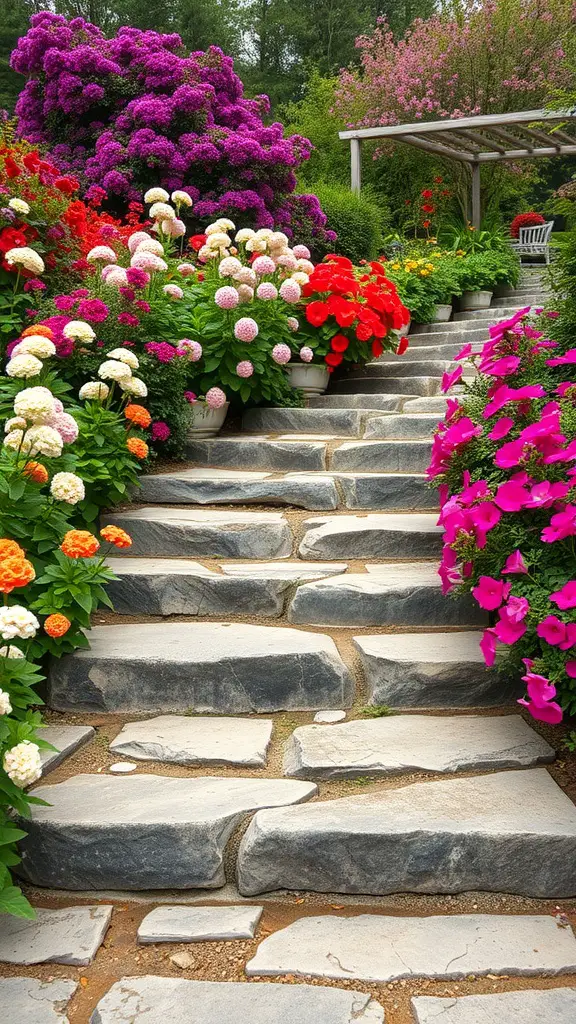 23 Stunning Flagstone Patio Ideas for Your Outdoor Space 2 Flagstone steps leading through a colorful garden filled with flowers.