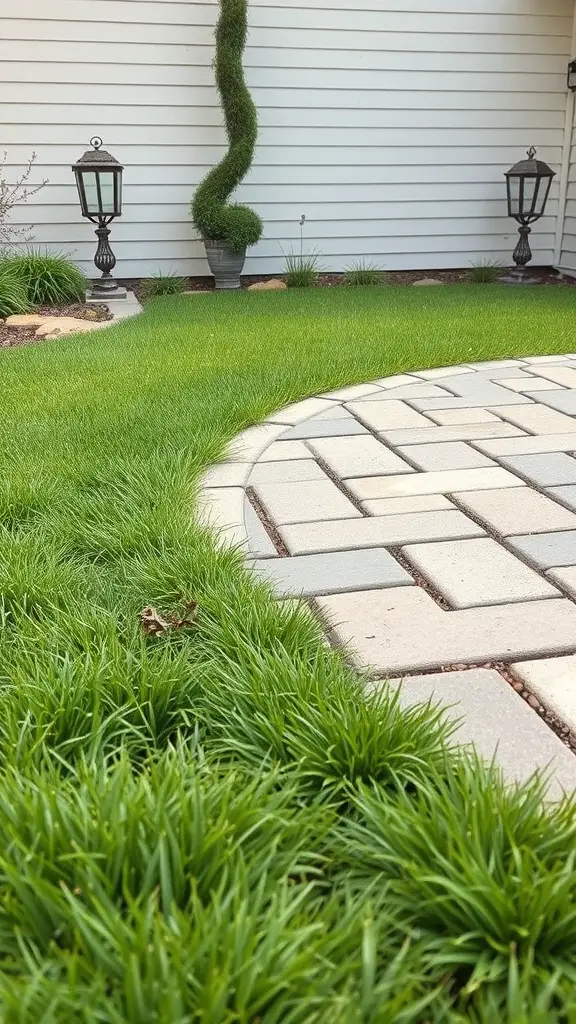 23 Stunning Flagstone Patio Ideas for Your Outdoor Space 15 Flagstone patio surrounded by lush green grass and decorative lanterns.