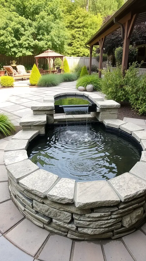 23 Stunning Flagstone Patio Ideas for Your Outdoor Space 6 A circular flagstone water feature with a gentle waterfall surrounded by greenery and a patio area.