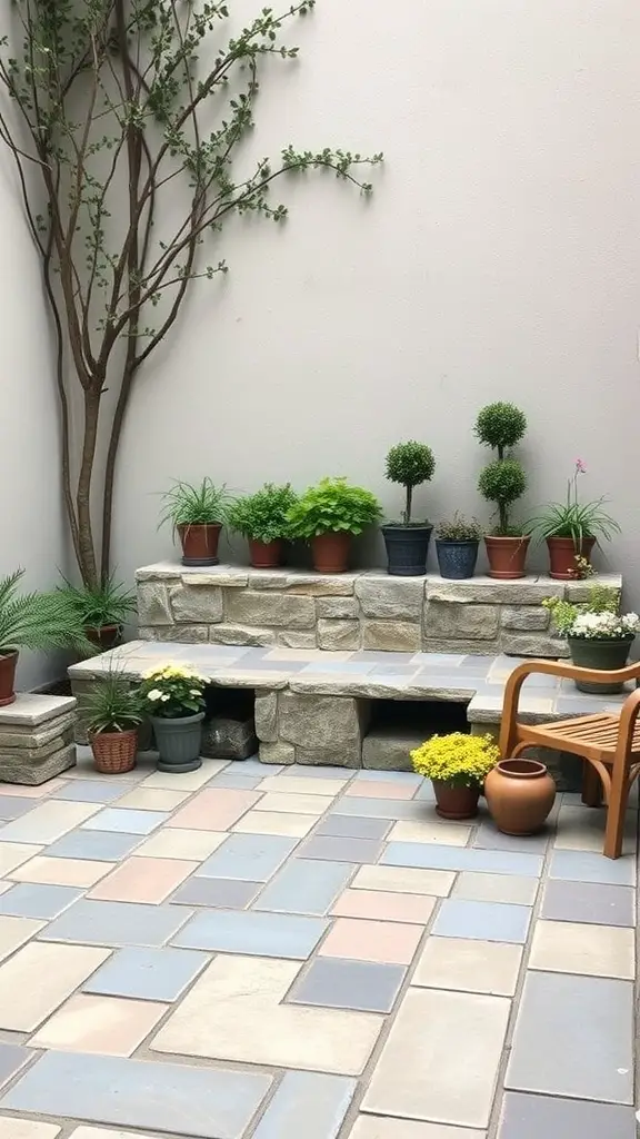 23 Stunning Flagstone Patio Ideas for Your Outdoor Space 5 Flagstone patio with built-in seating and potted plants