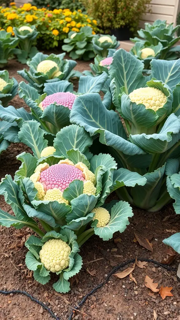 19 Creative Fall Vegetable Garden Ideas for a Bountiful Harvest 6 Colorful cauliflower heads growing in a garden with marigolds in the background.