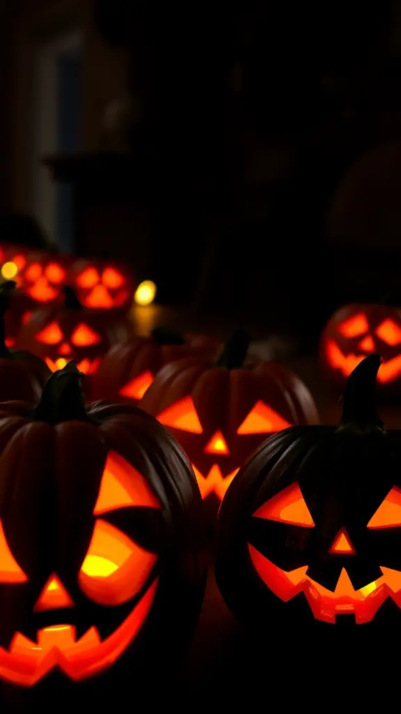A collection of glowing jack-o'-lanterns with carved faces, creating a spooky Halloween atmosphere.