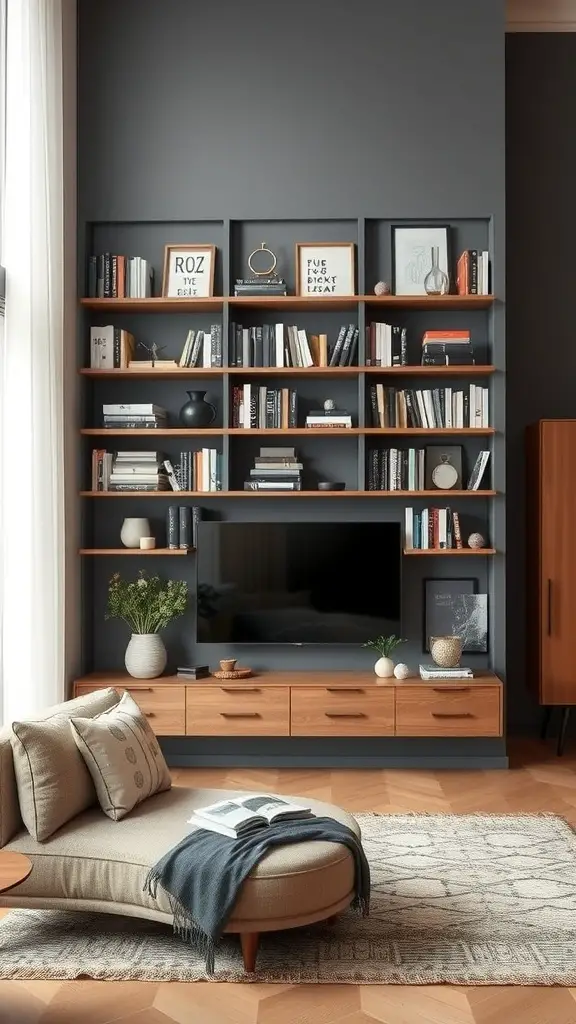 23+ Creative Book Storage Ideas for Every Space 7 A modern living room featuring floating bookshelves with books and decorative items against a dark wall.