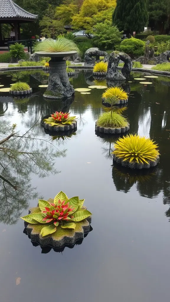 21 Inspiring Japanese Garden Ideas You’ll Love 13 Floating islands with colorful plants in a serene pond surrounded by greenery.