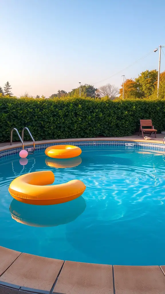 19 Inspiring Above Ground Pool Ideas for Your Backyard Oasis 10 Two yellow floating loungers in a clear blue above-ground pool with a surrounding green hedge.