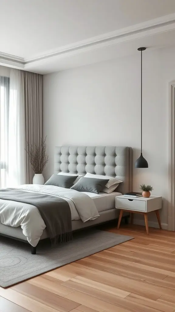15 Creative Bedroom Storage Ideas for a Clutter-Free Space 9 A modern bedroom featuring a floating nightstand next to a cozy bed with a tufted headboard.