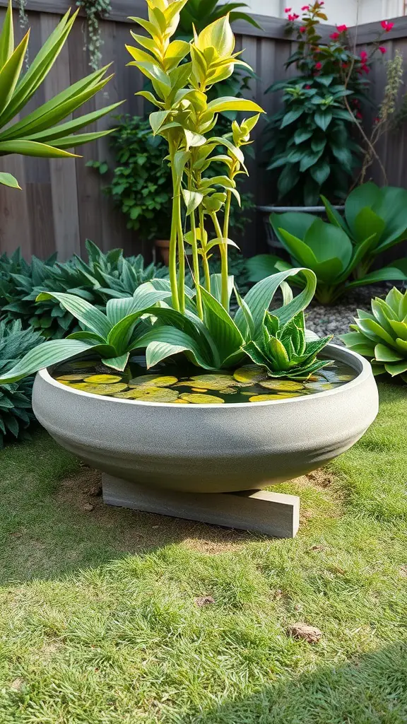 A round floating planter water basin filled with water and aquatic plants in a backyard garden.
