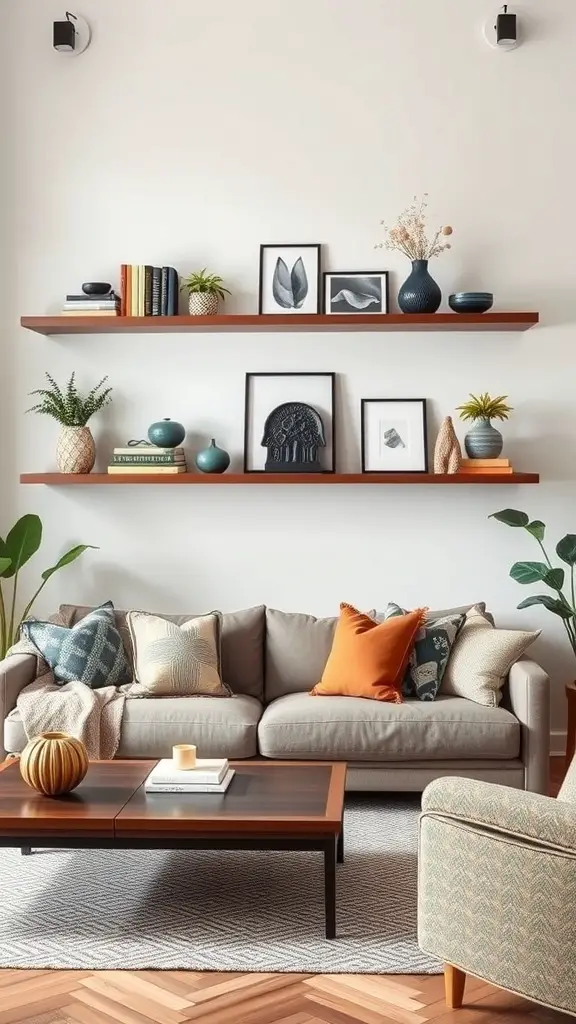 23 Creative Book Storage Ideas for Every Home 5 A modern living room featuring floating shelves with books and decorative items above a cozy sofa.