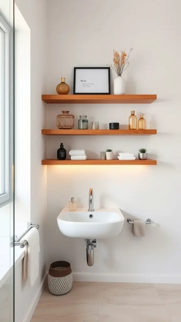 Modern bathroom with floating wooden shelves displaying decor and towels