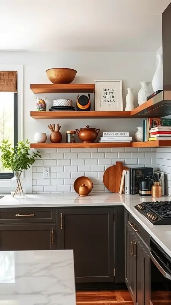 17 Smart Small Kitchen Storage Ideas You’ll Love 12 A modern kitchen featuring floating wooden shelves with decorative items and kitchen tools.