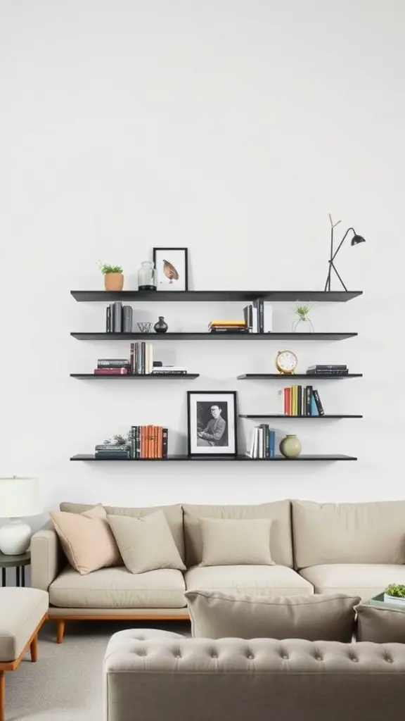 21 Creative Wall Storage Ideas to Maximize Your Space 4 A minimalist living room with black floating shelves displaying books and decor items.