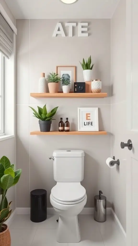 17 Creative Over Toilet Storage Ideas for Small Bathrooms 5 A modern bathroom featuring floating shelves above a toilet, displaying plants and decorative items.